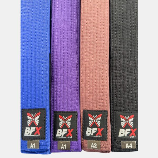 Blue, purple, brown and black ButterflyX belts