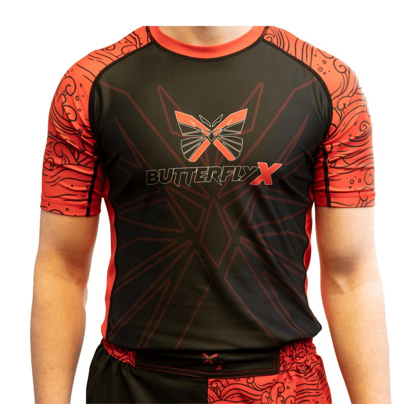 ButterflyX Flagship rash guard in black and red