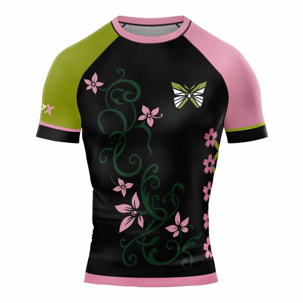 Black rash guard with green and pink sleeves, pink flowers on vines and a butterfly
