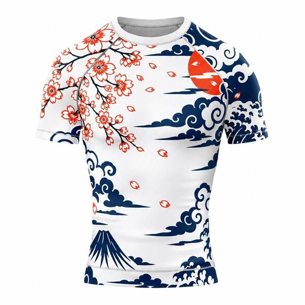 White rash guard with red cherry blossoms, navy waves and clouds, a red sun and Mount Fuji