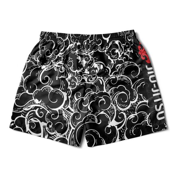 Black grappling shorts covered in white swirling clouds, with Jiu-Jitsu down the side
