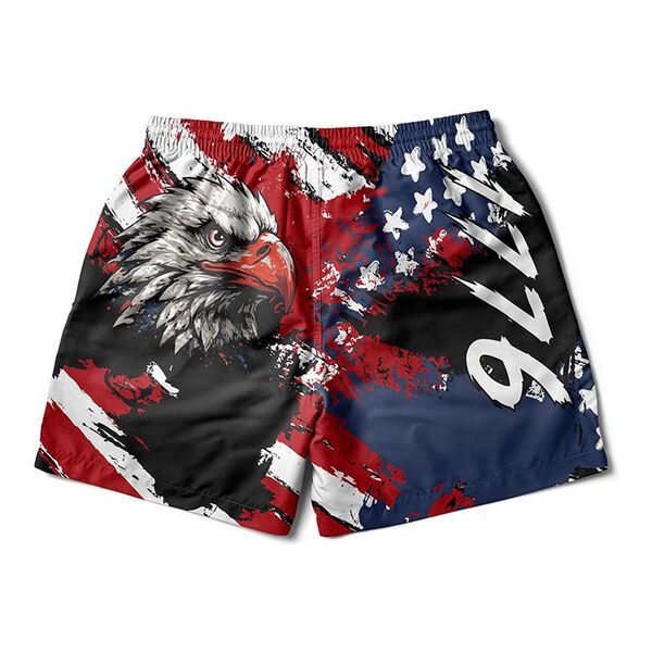 Grappling shorts printed with a distressed American flag, a bald eagle and 1776