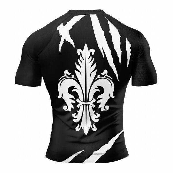 Back of a black rash guard with a white fleur-de-lis and claw marks