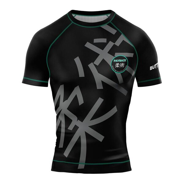 Black rash guard with green trim, large gray kanji and a Payback patch