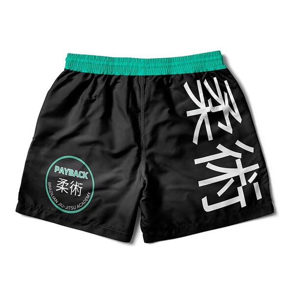 Black grappling shorts with a teal waistband, large white kanji and a Payback patch