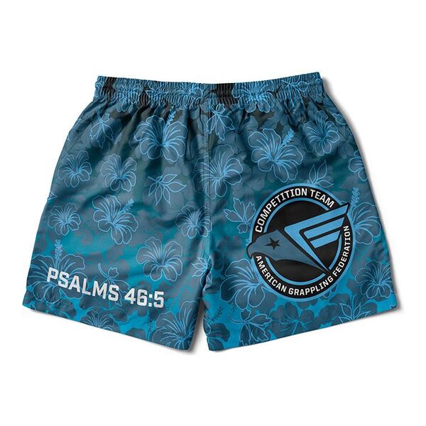 Blue hibiscus print grappling shorts with Psalms 46:5 and a competition team patch