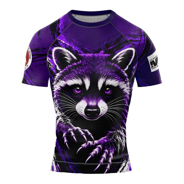 Purple rash guard with a raccoon across the front