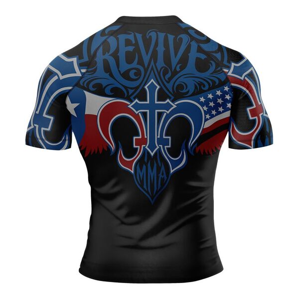 Back of a black rash guard with blue sleeves and the Revive MMA logo with flag-print wings