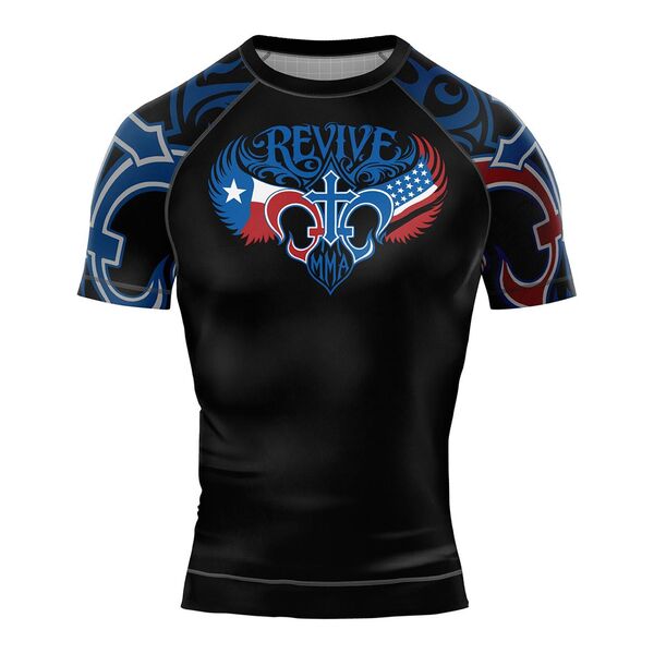Black rash guard with blue sleeves and the Revive MMA logo across the chest