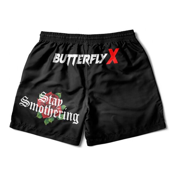 Black grappling shorts with the ButterflyX logo and Stay Smothering over a red rose