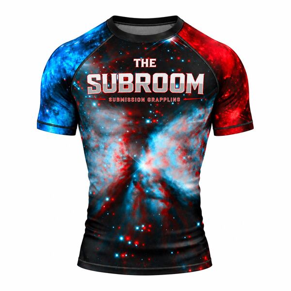 Rash guard with a red and blue galaxy print and The Subroom Submission Grappling across the chest