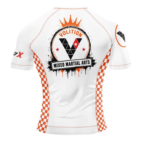 Back of a white rash guard with orange checkered side panels and the Volition Mixed Martial Arts logo