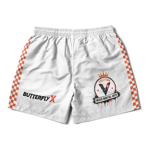 White grappling shorts with orange checkered sides, the ButterflyX logo and the Volition Mixed Martial Arts logo