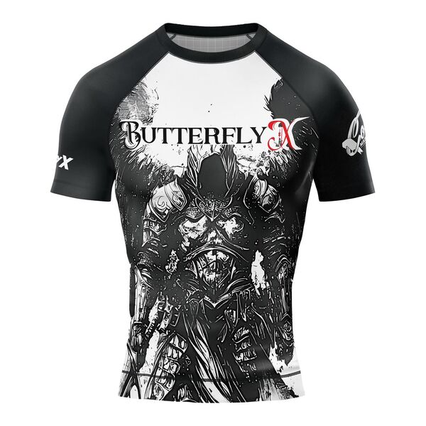 White rash guard with black sleeves, an ink drawing of an armored warrior and the ButterflyX logo in gothic letters
